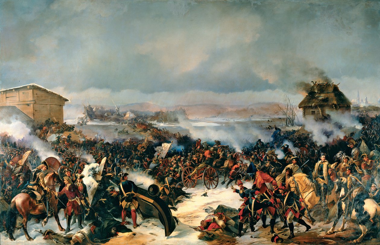 Slaget ved Narva, 19. november 1700. Episode av den store nordkrigen (1700-1721) mellom Sverige og alle de baltiske landene, Danmark, Polen og Russland. Maleri av Alexander (Alexander) von Kotzebue (1815-1889), olje på lerret av Alexander von Kotzebue