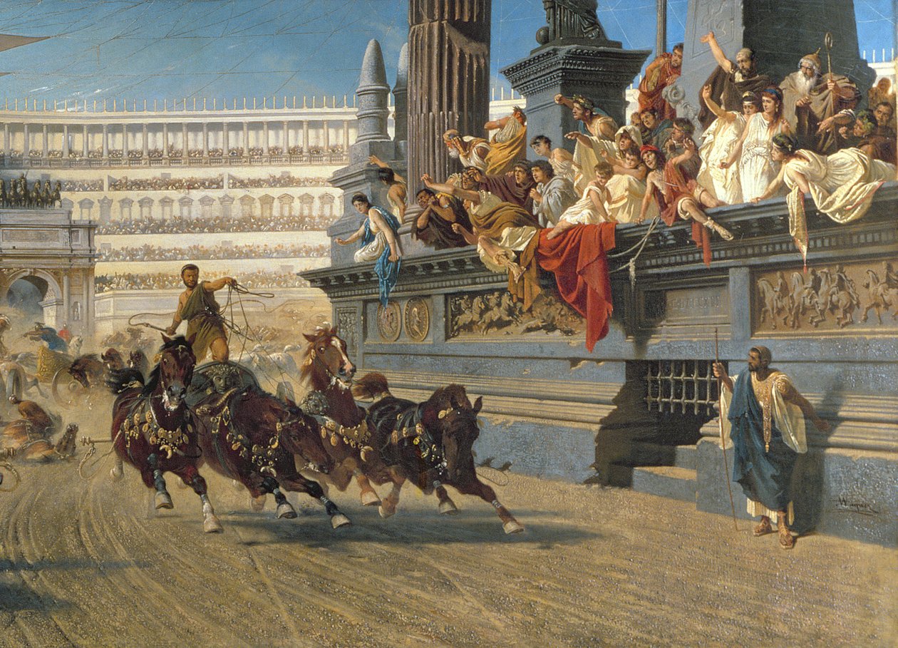 The Chariot Race, ca. 1882 (olje på lerret) (detalj av 201093) av Alexander von Wagner