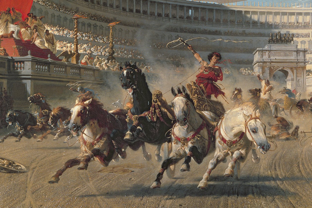 The Chariot Race, ca. 1882 (olje på lerret) (detalj av 201093) av Alexander von Wagner