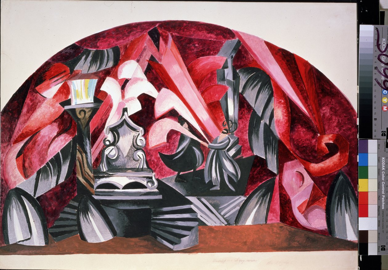 Forberedende dekor for stykket "Romeo og Julie" av William Shakespeare (1564-1616) (Scenedesign for stykket Romeo og Julie av William Shakespeare) - Verk av Alexandra Alexandrovna Exter (1882-1949), gouache på papp av Alexandra Alexandrowna Exter