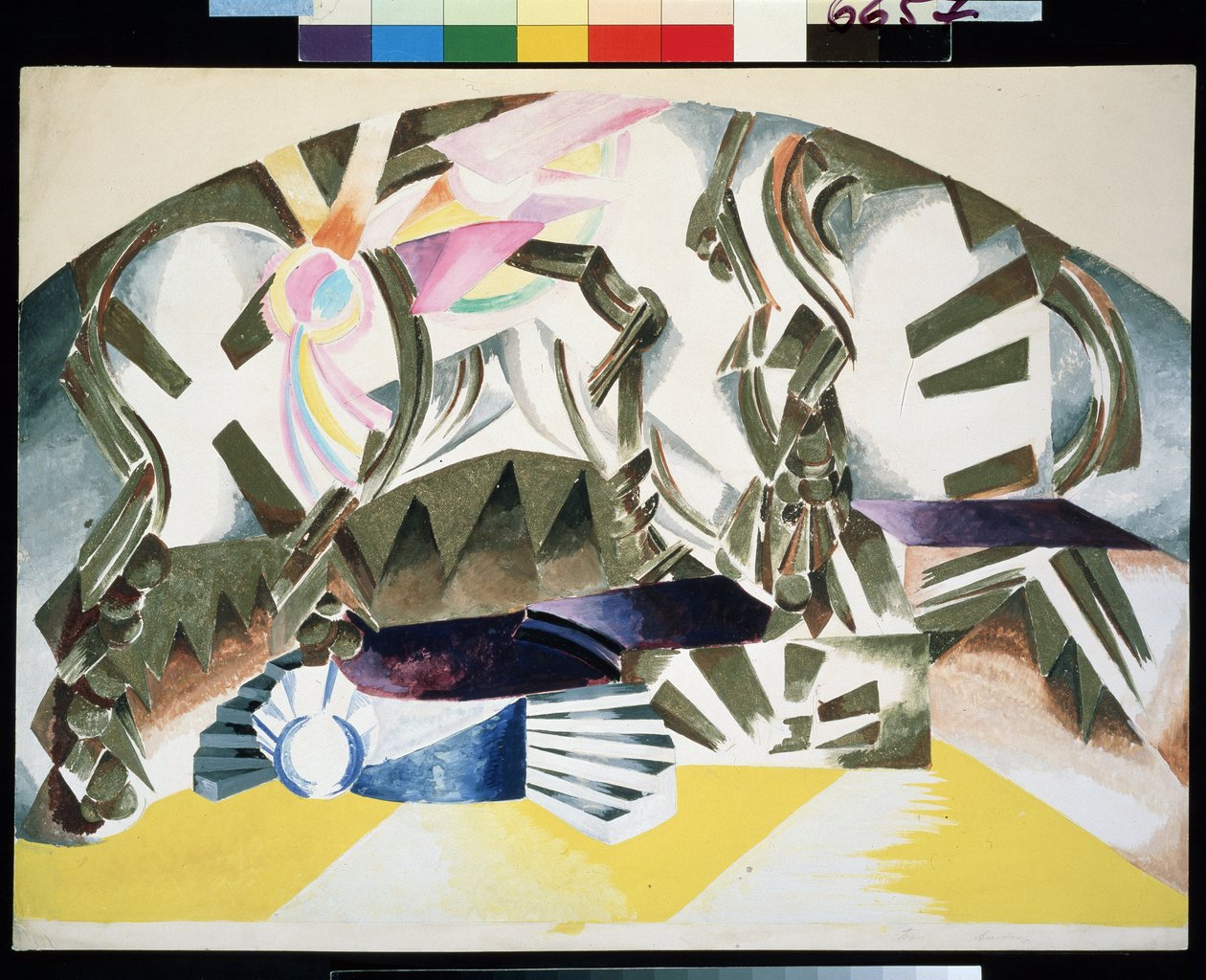 Forberedende dekor for stykket Romeo og Julie av William Shakespeare (1564-1616) (Scenedesign for stykket Romeo og Julie av W.Shakespeare). Abstrakt beskrivelse, med trapper. Verk av Alexandra Alexandrovna Exter (1882-1949), gouache på av Alexandra Alexandrowna Exter