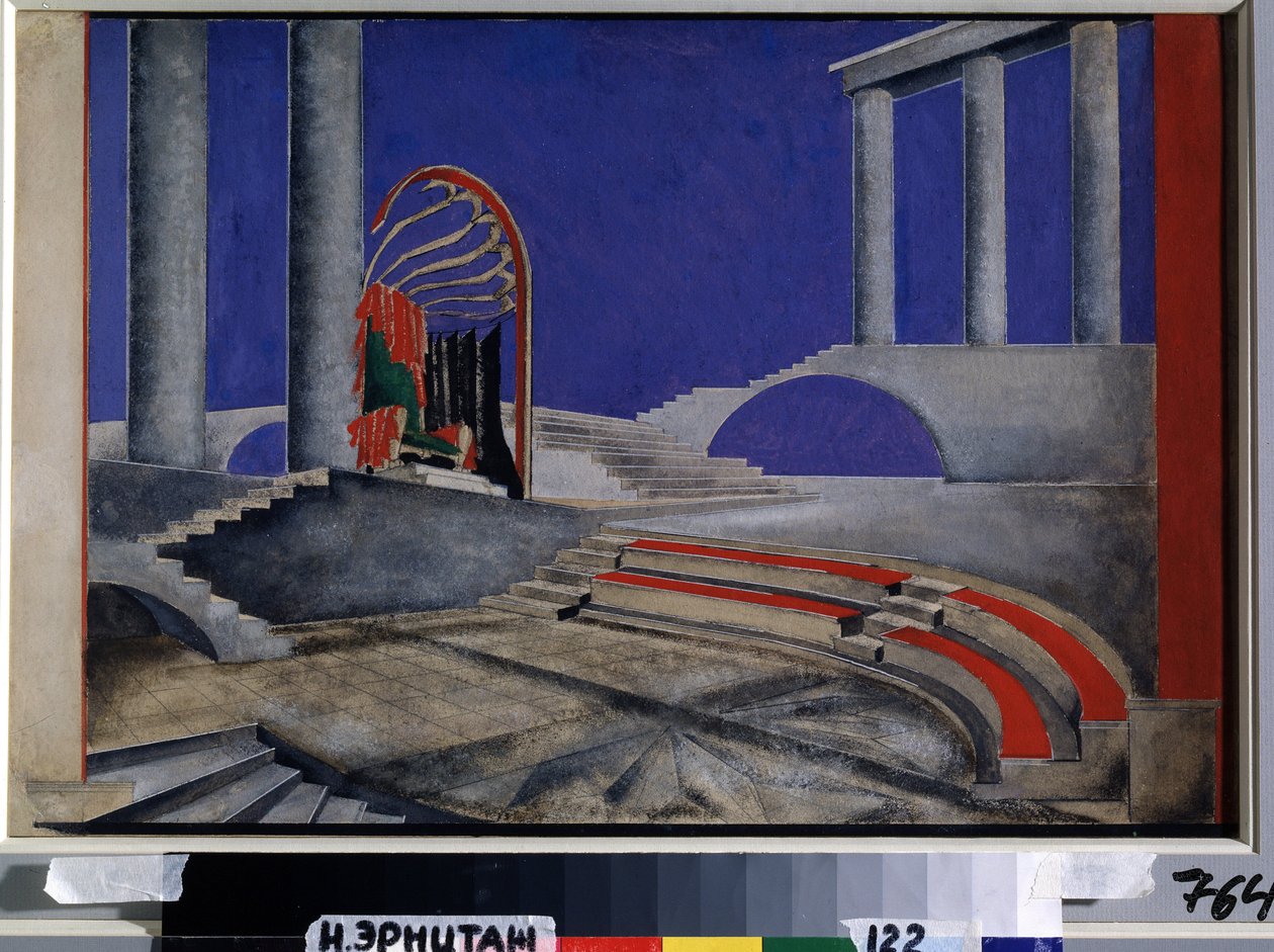 Scenedesignanmeldelse for Edition Decors de Theatre. Verk av Alexandra Alexandrovna Exter (1882-1949), akvarell og gouache på papir, midten av 1920. Russisk scenografisk kunst, 1900-tallet. Co av Alexandra Alexandrowna Exter