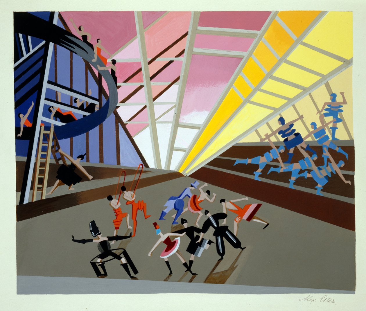 Scenografi for en ballett, illustrasjon fra 'Maquettes de Theatre' av Alexandra Exter, utgitt på 1920-tallet (litho) av Alexandra Alexandrowna Exter