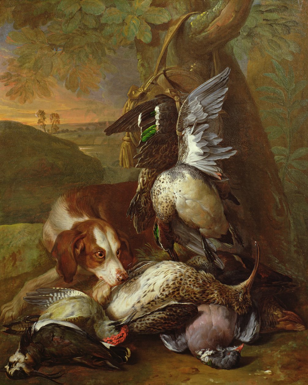 A Dog Guarding Game (olje) (en av et par, se også 40086) av Alexandre Francois Desportes