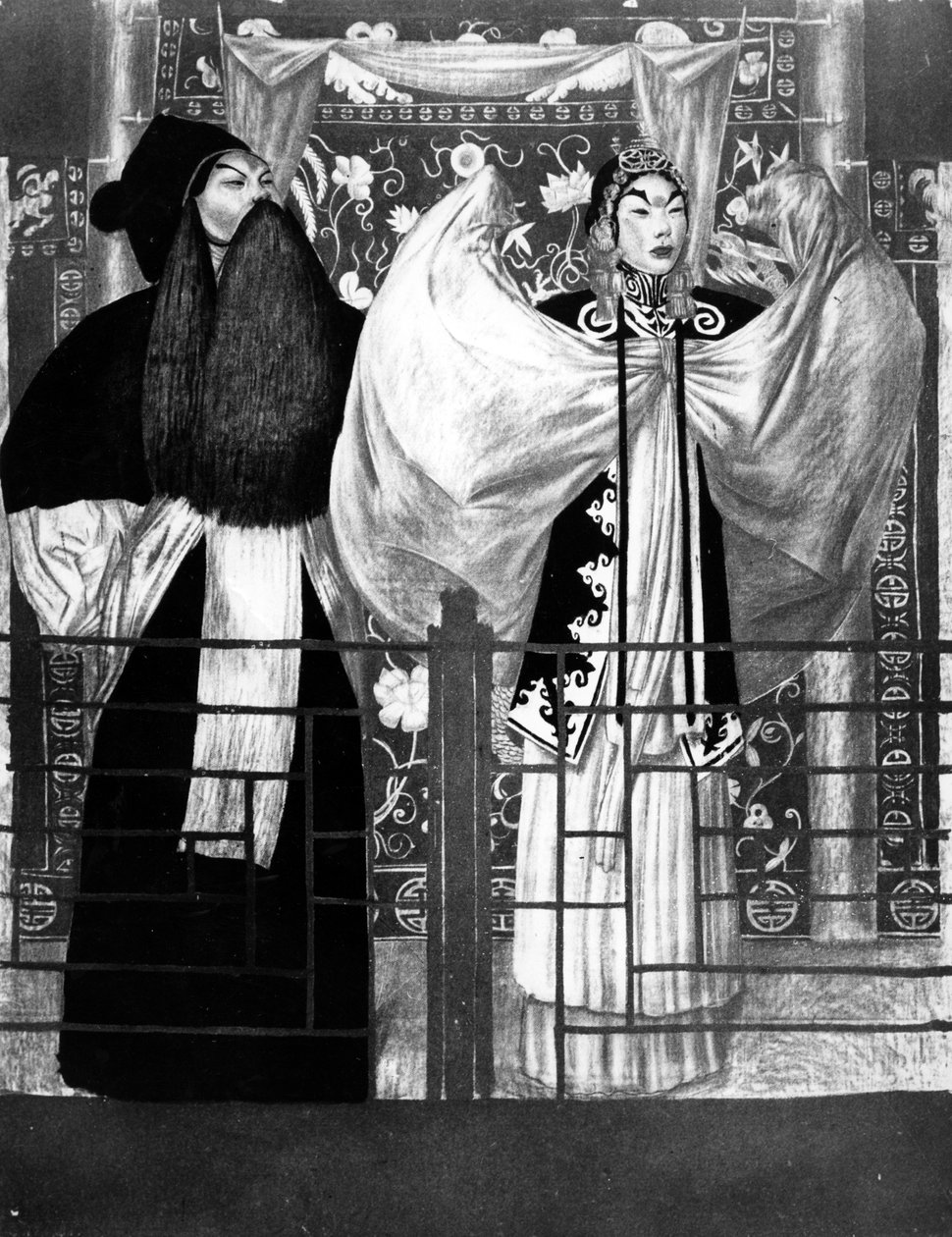 Scene fra skuespillet Nan tien men, illustrasjon fra Le Théatre Chinois av Tchou-Kia-Kien, utgitt i Paris 1922 litho av Alexandre Jacovleff