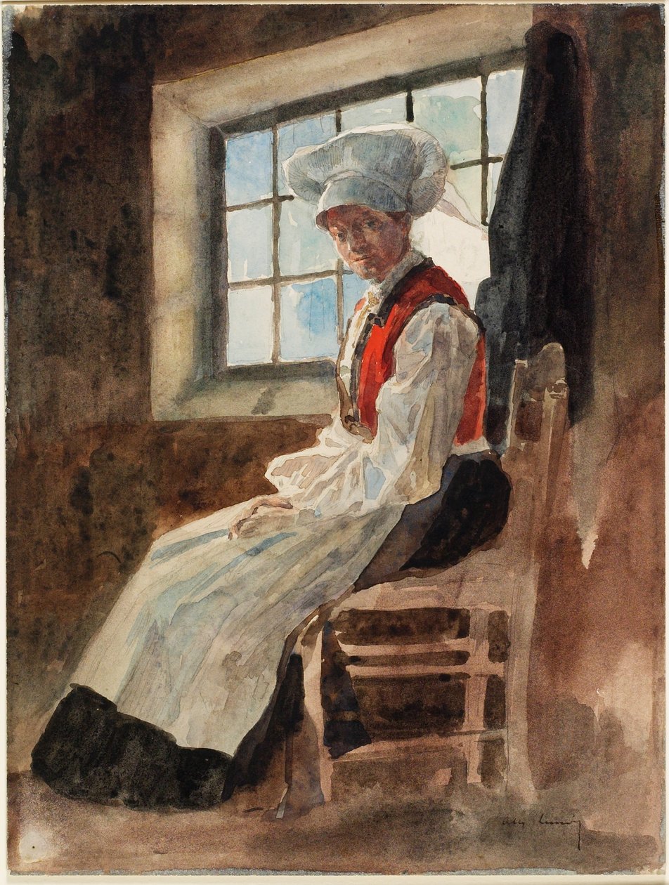 Skandinavisk bondekvinne i et interiør, ca. 1906 (wc med grafitt på kort) av Alexandre Lunois