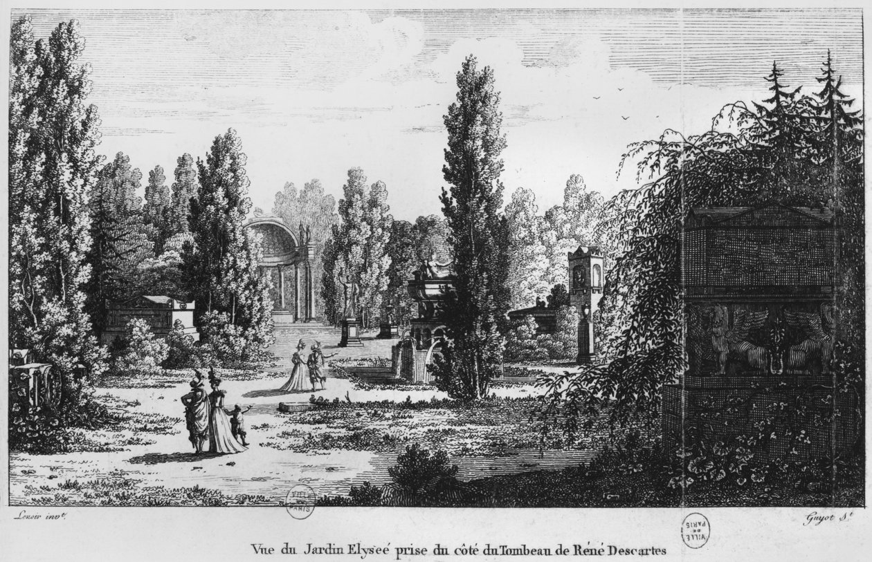 Musee des Monuments Francais, Paris, utsikt over Jardin Elysee fra graven til Rene Descartes, gravert av Laurent Guyot (1756-1806) av Alexandre Marie Lenoir