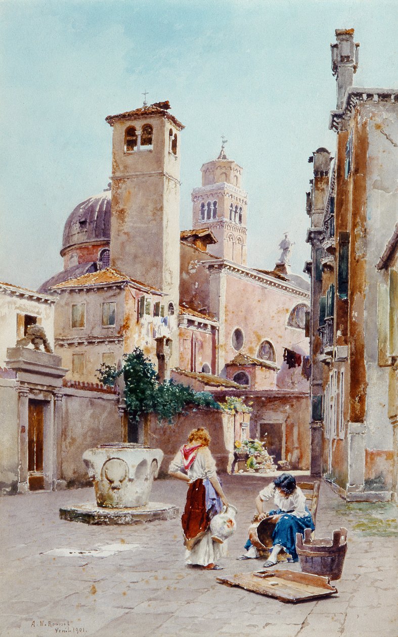 En Piazza i Venezia, 1901 (wc på papir) av Alexandre Nicolaievitch Roussoff