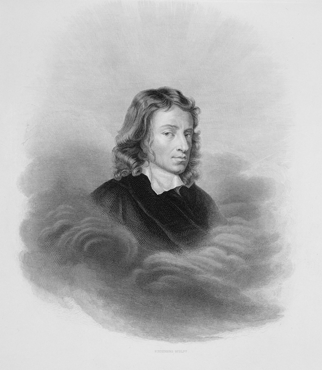 Portrett av John Milton (1608-74) gravert av kunstneren av Alexandre Vincent Sixdeniers