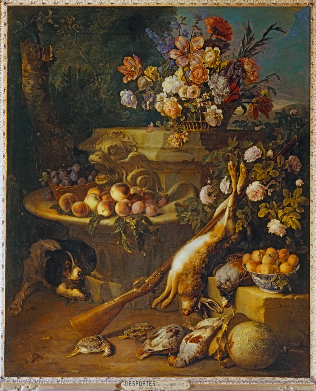 Dødt vilt, frukt, blomster og en hund - Dødt vilt, frukt, blomster og en hund ... av Alexandre-François Desportes