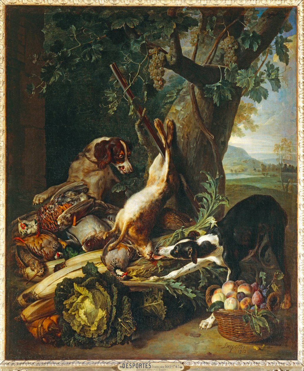 Dødt vilt, grønnsaker, frukt og to hunder - Dødt vilt, grønnsaker, frukt og to hunder ... av Alexandre-Francois Desportes