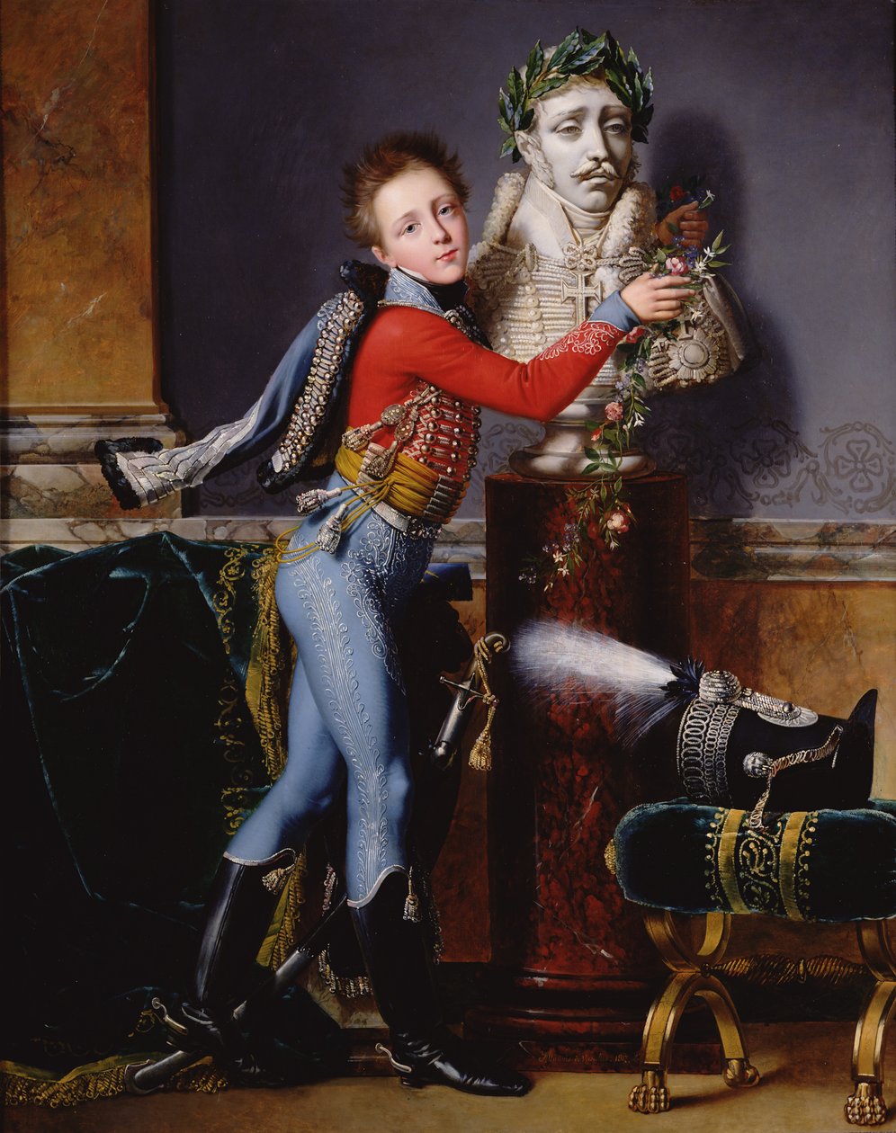 Portrett av Edouard Cesar de Laborde som pynter sin fars byste med blomster, 1817 olje på lerret av Alexandre Jean Dubois Drahonet
