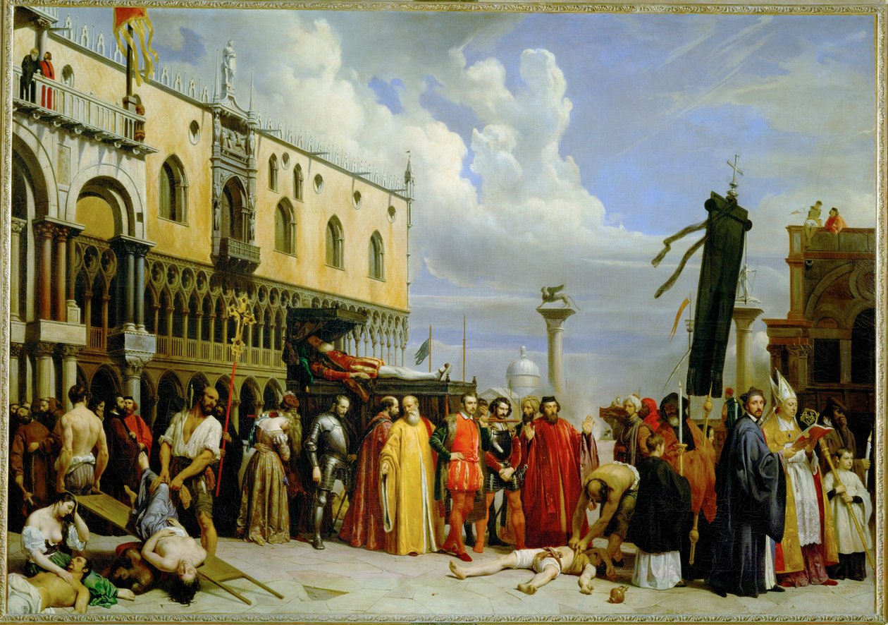 Begravelsesfeiringer for Tizian, som døde i Venezia under pesten i 1576 av Alexandre-Jean-Baptiste Hesse