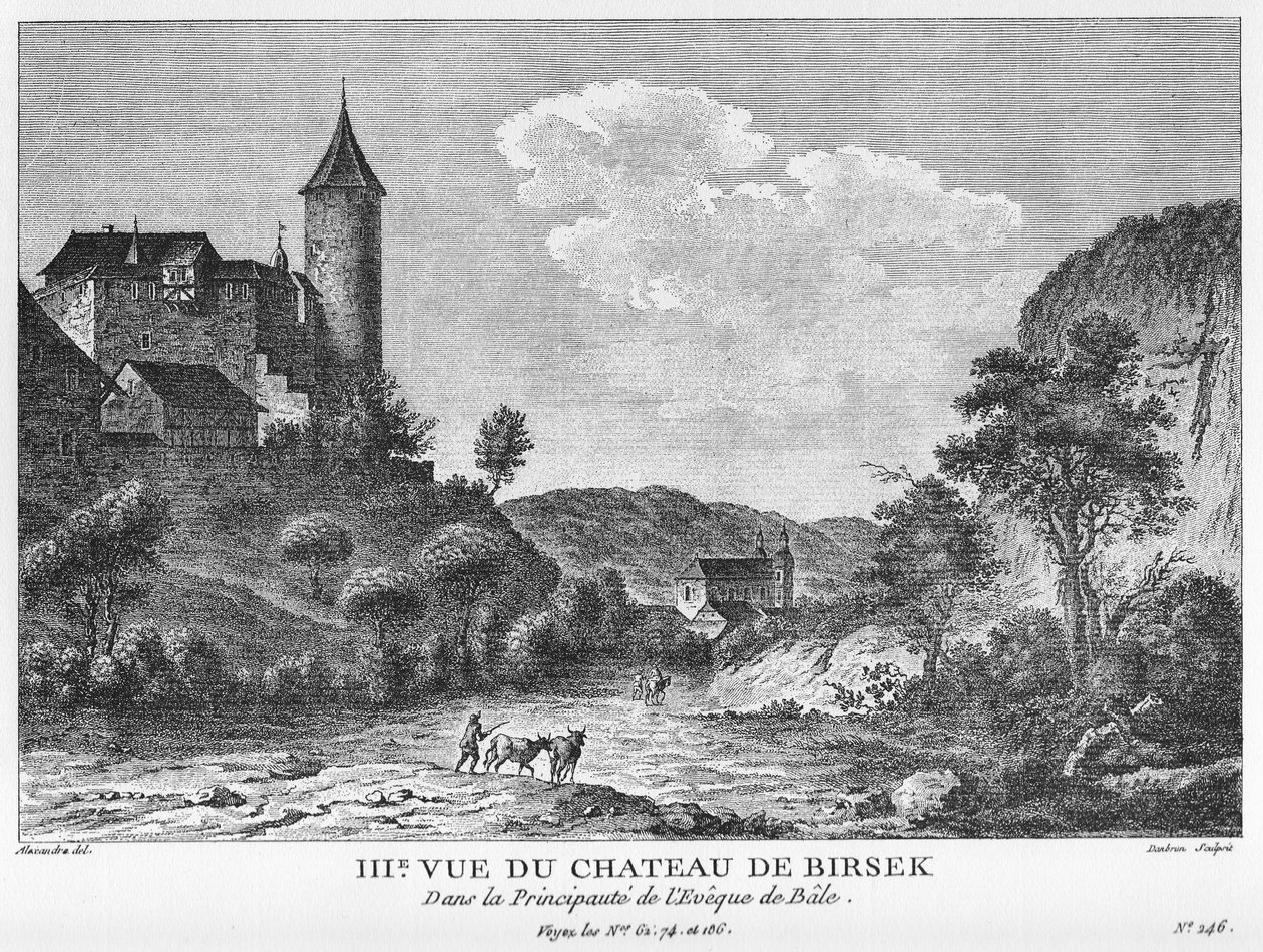 3. Utsikt over Birsecks slott i Prince-Biſhopric i Basel. Kobbergravering av Jean Danbrun etter en tegning av Alexandre av Alexandre, Jean Danbrun