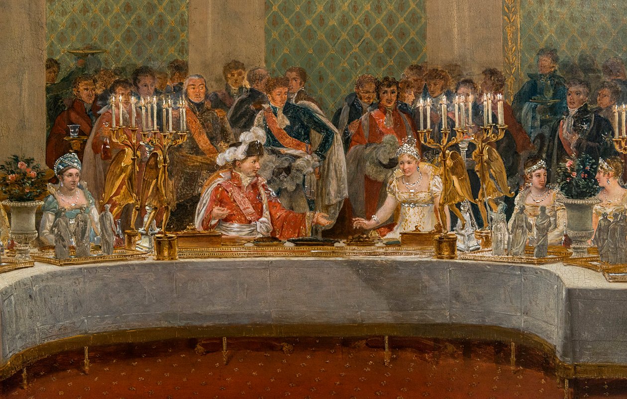 Banketten for bryllupet til Napoleon Bonaparte (1769-1821) og Marie-Louise de Habsburg-Lorraine (1791-1847) 1810 - Detalj av: Bryllupsfesten til Napoleon I og Marie-Louise gir i teateret i Palais des Tuileries, 2. april av Alexandre Dufay