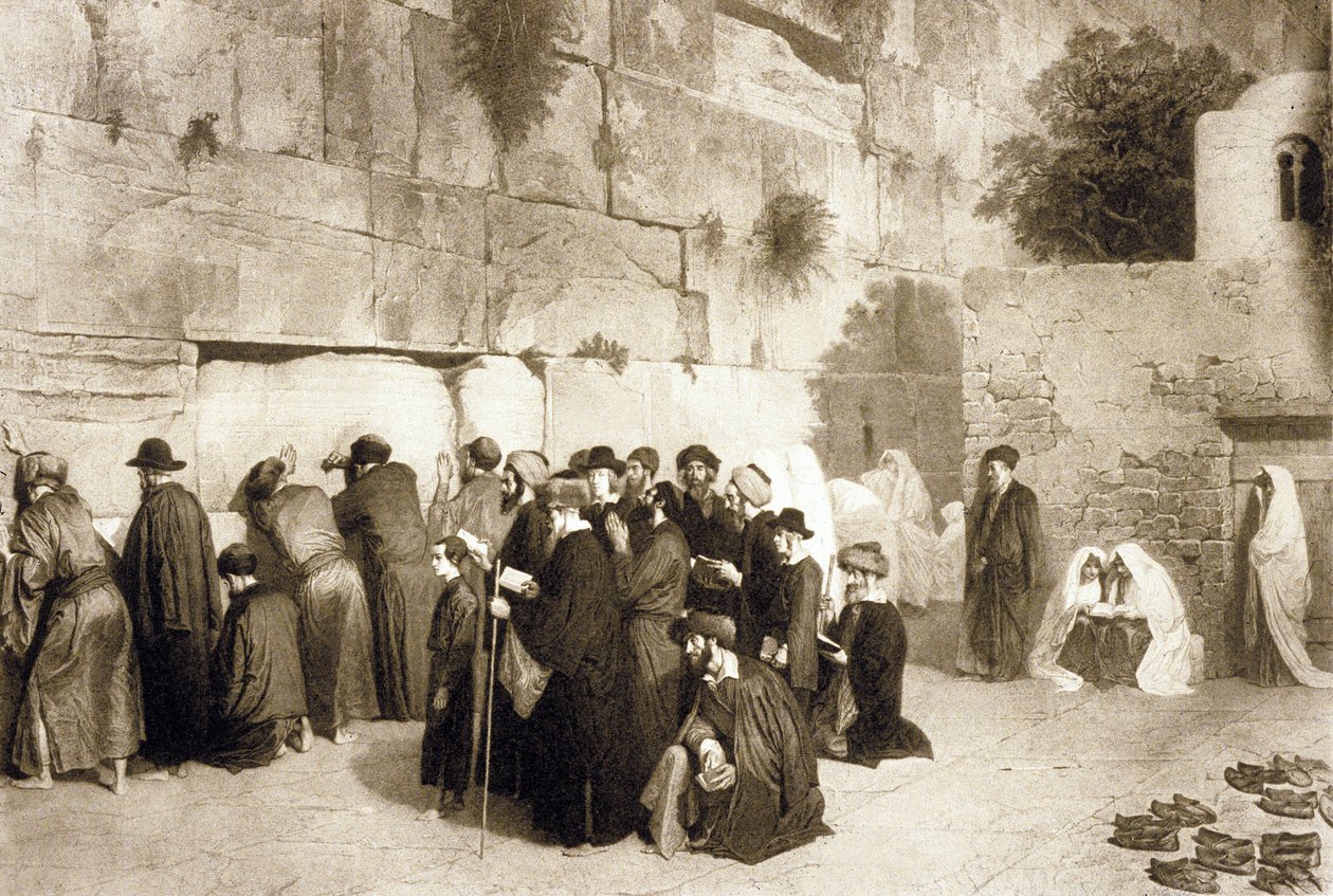 Jødiske folk ved den vestlige mur, Jerusalem, ca. 1880 (gravering) av Alexandre (after) Bida