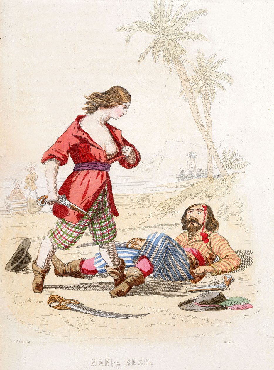 Mary Read åpenbarer seg for en beseiret fiende, midten av 1800-tallet (farget gravering) av Alexandre (after) Debelle