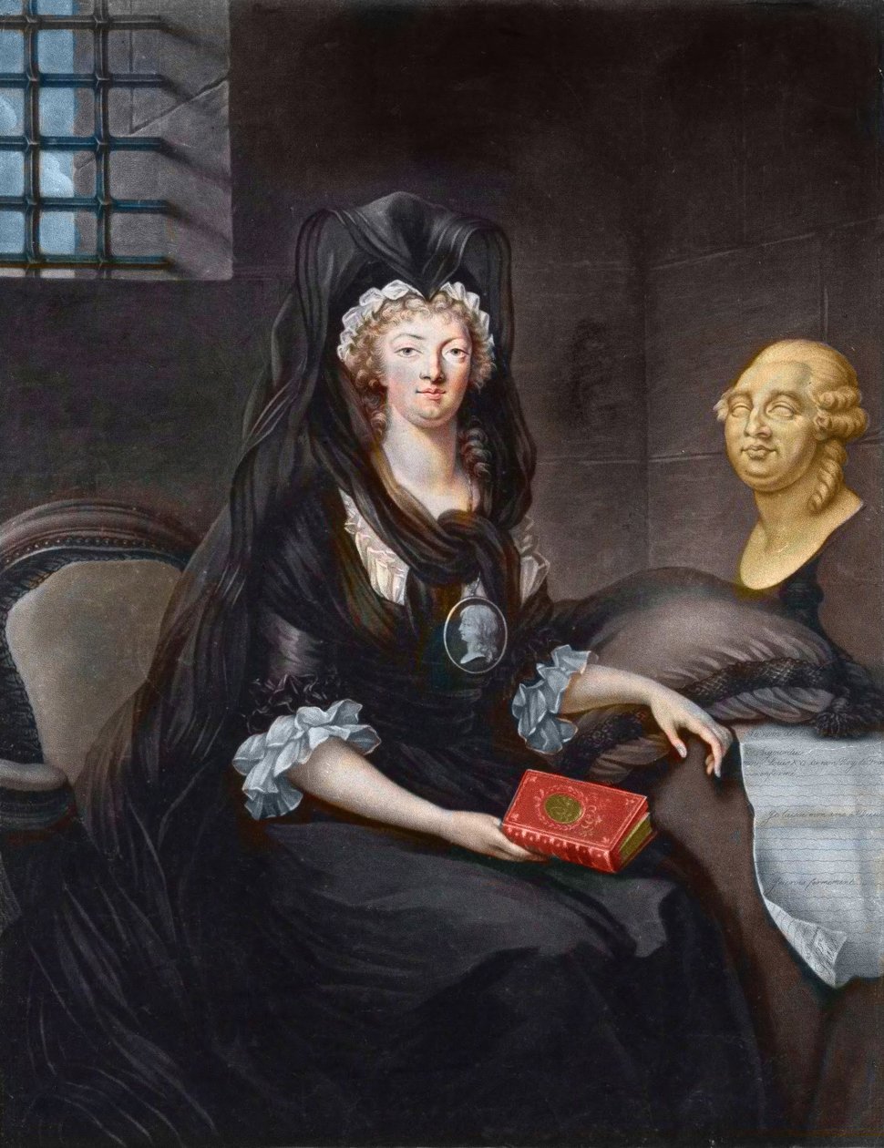 Portrett av Marie Antoinette (1755-1793) i dyp sorg ved fengselet til tempelet (eller "" Marie-Antoinette ved Concierge, i sorg, med en cameo, anheng som skildrer Dauphinen, som holder livet til Mary, dronningen av Skottene , en byste av Luis XVI og Te av Alexandre (after) Kucharski