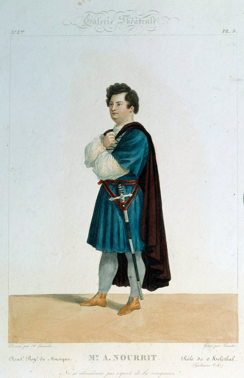 Fransk tenor Adolphe Nourrit (1802-1839) i rollen som Melechtal i operaen «Guillaume Tell» (William Tell) av Gioacchino Rossini (1792-1868). Illustrasjon av Alexandre Lacauchie (1800-tallet) Paris. Operamuseets bibliotek av Alexandre (after) Lacauchie