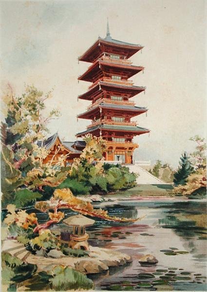 Japansk tårn i den kongelige parken i Laeken, Belgia, fra Orientalisme et Architecture Contemporaine, gravert av Jules Adolphe Chauvet (f.1828) (se også 171915, 172965, 172990) av Alexandre Auguste Louis Marcel