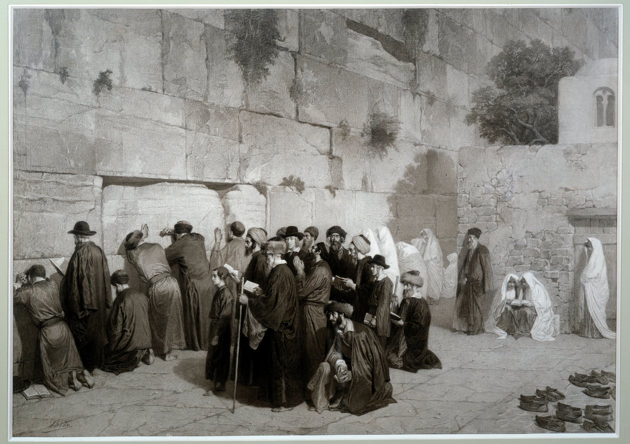 Jødedom: "" Salomos mur""" Menn og kvinner av jødisk religion ber foran Klagemuren. Før 1857. Tegning av Alexandre Bida (1823-1895), vask, penn og blyant på papir, Dim. 0,61x0,87 m Malmaison, slottets museum av Alexandre Bida