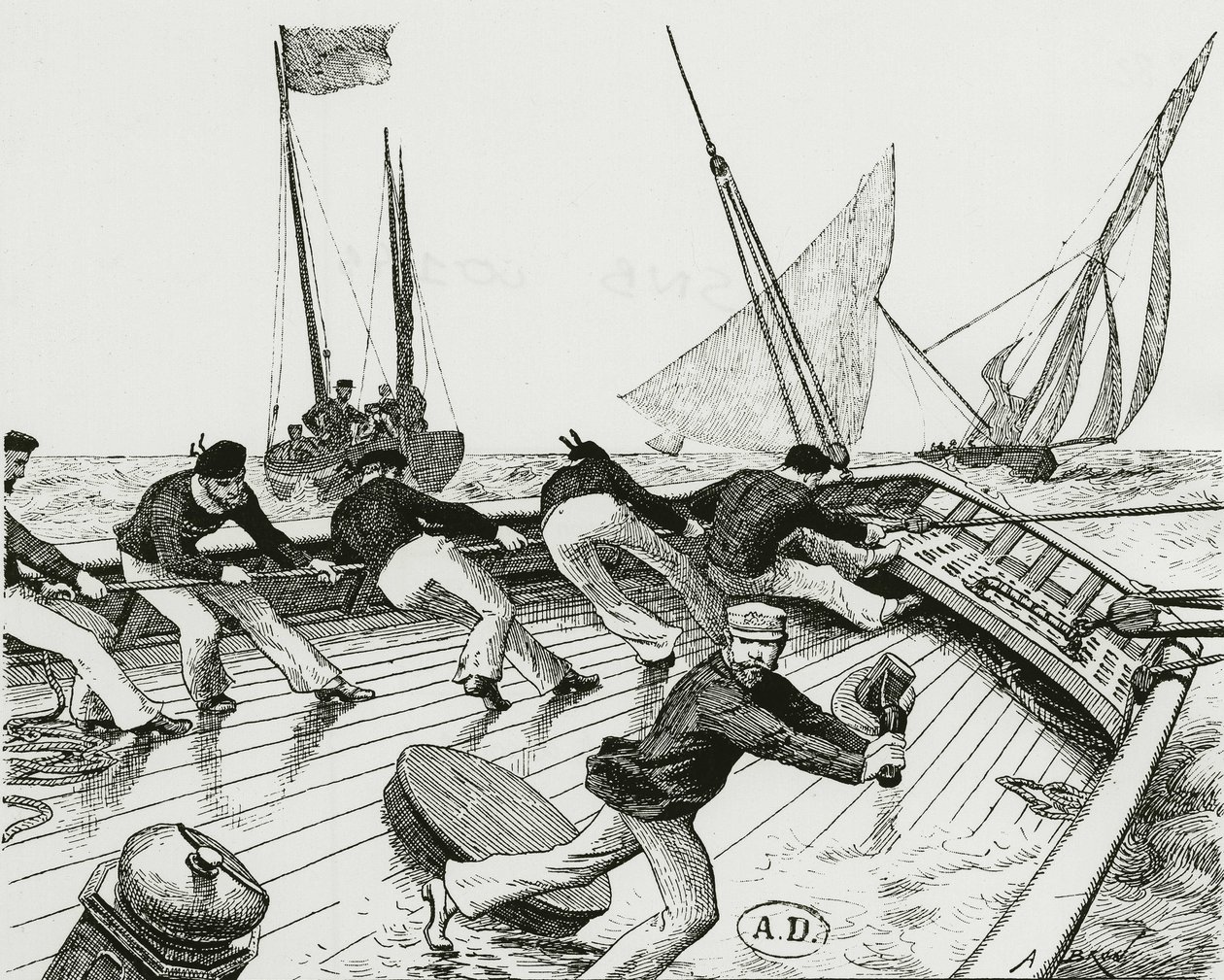 Seilkappløp: Le turn du Bateau-Buoée - tegning av A. Brun, Bibl. av Arts deco. av Alexandre Brun