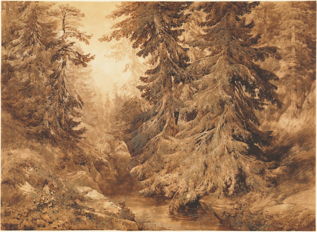 En gammel furuskog med en fjellbekk av Alexandre Calame