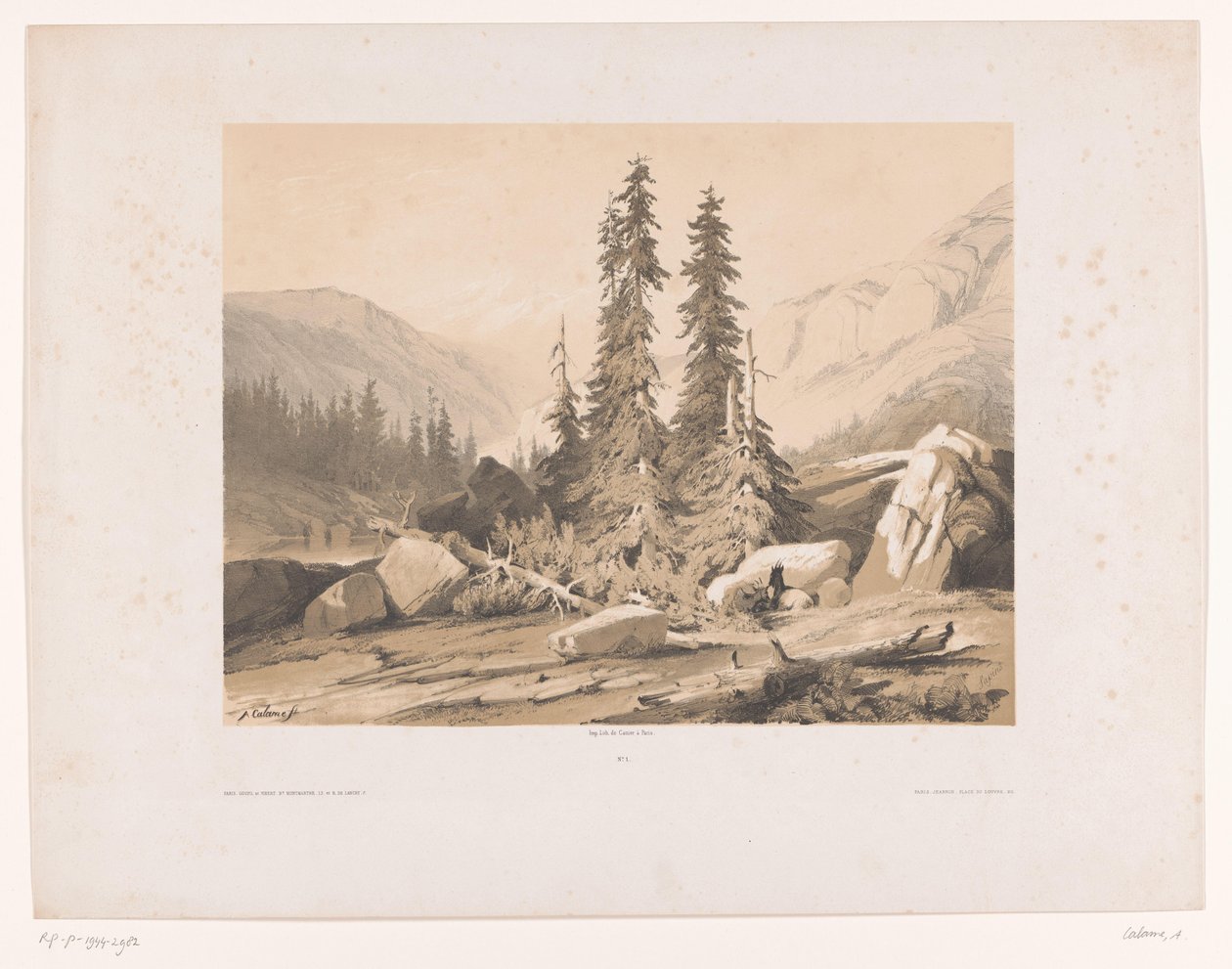 Fjelllandskap med grantrær og fjellgeiter Sapins (tittel på objekt) av Alexandre Calame