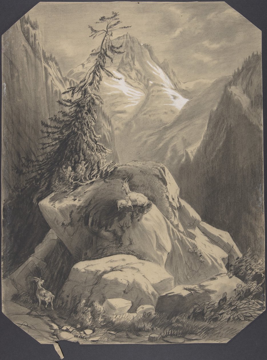 Tre geiter i et fjellandskap av Alexandre Calame