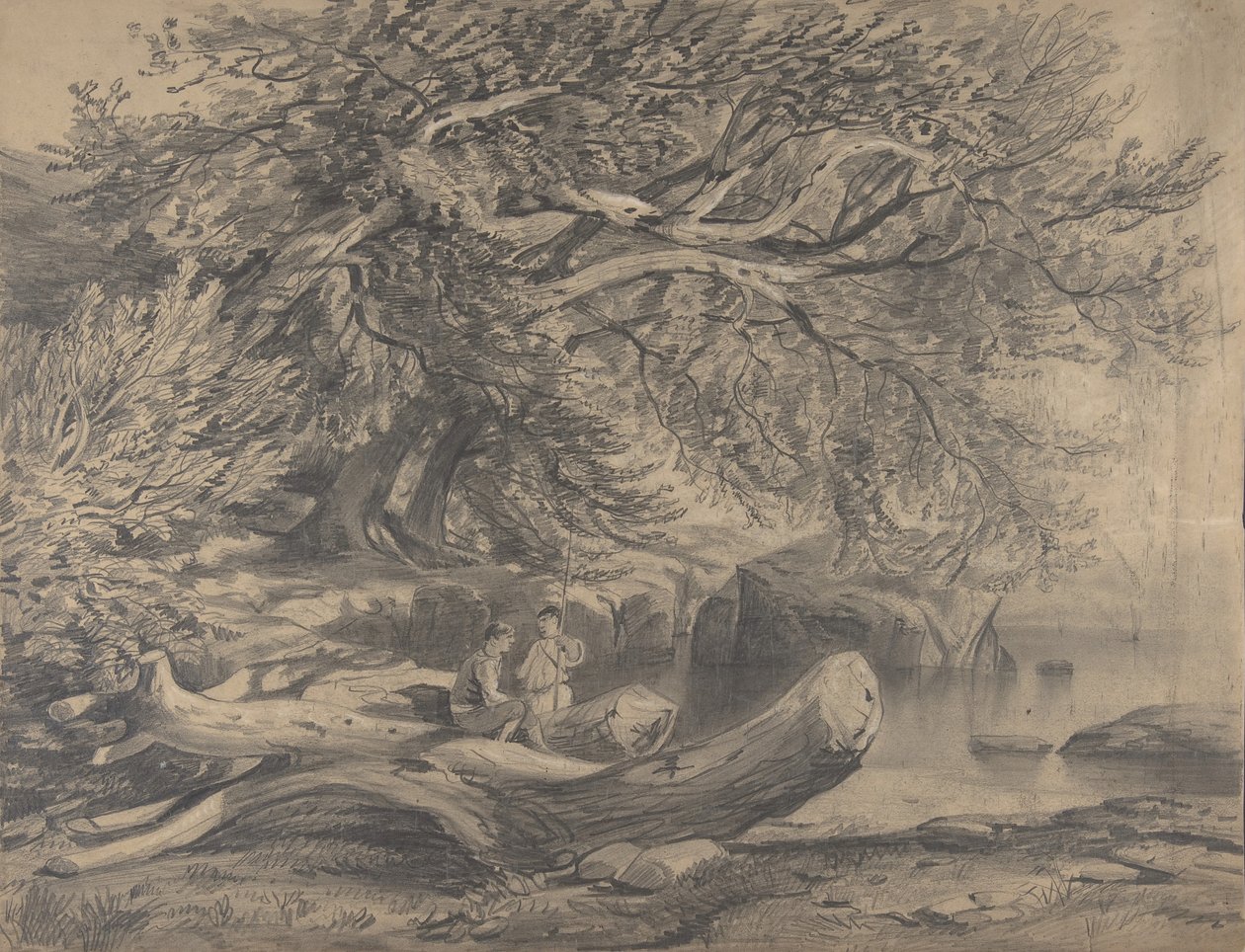 Two Men Resting by a Lake recto..., tidlig til midten av 1800-tallet. av Alexandre Calame