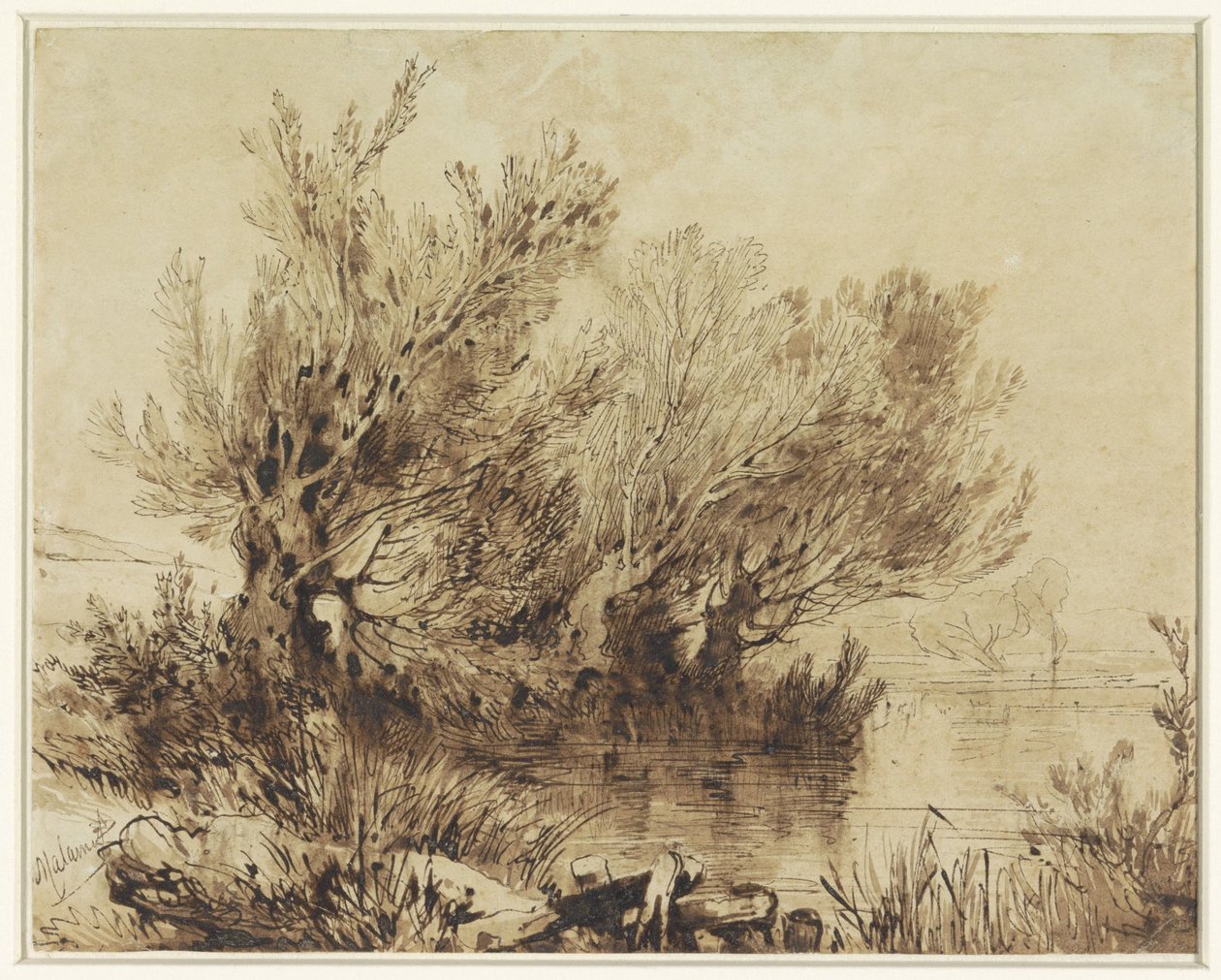 Piljer ved et vann i svakt skrånende terreng av Alexandre Calame