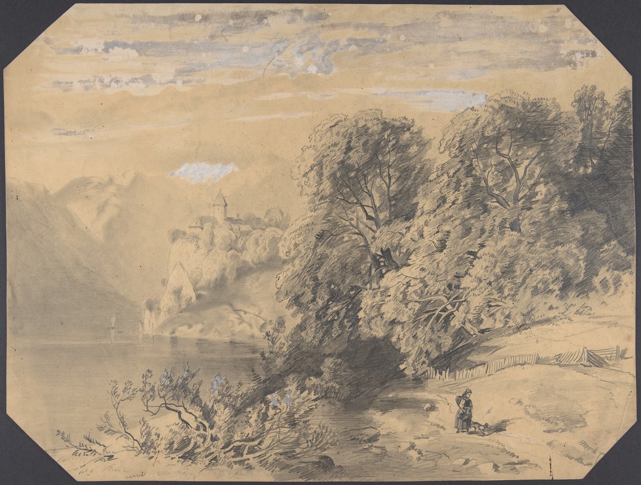 Kvinne med en hund ved en fjellsjø av Alexandre Calame