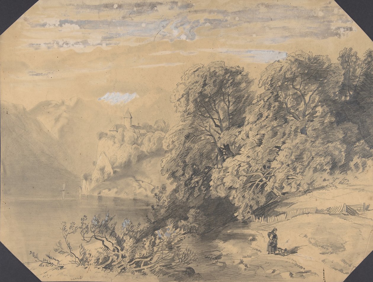 Kvinne med hund ved et fjellvann, tidlig til midten av 1800-tallet. av Alexandre Calame