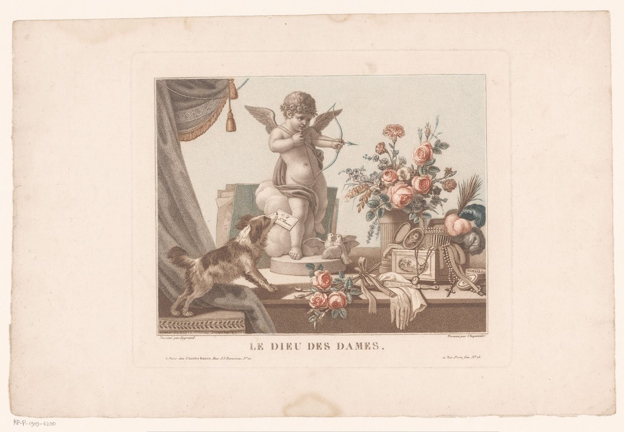 Stilleben på et bord med en hund og en statue av Amor Le Dieu des ladies. (tittel på objekt) av Alexandre Chaponnier