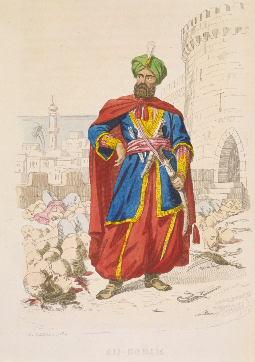 Ali Khoja, hersker av Alger 1816–1818, strålende i en grønn turban og med et fint sverd, er omgitt av de avhuggede hodene til beseirede fiender etter bombardementet i 1816, midten av 1800-tallet (farget gravering) av Alexandre Debelle