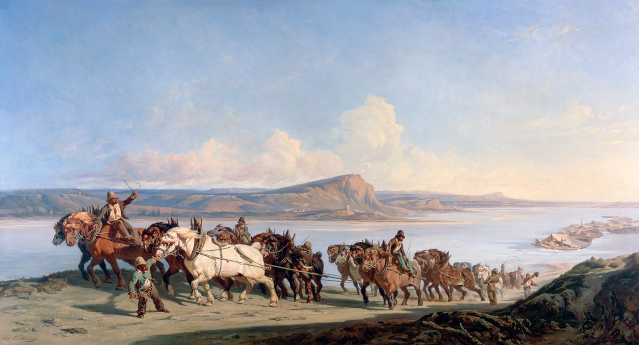 Feste av hester som trekker båter nedover Rhone, c1825-1870 av Alexandre Dubuisson