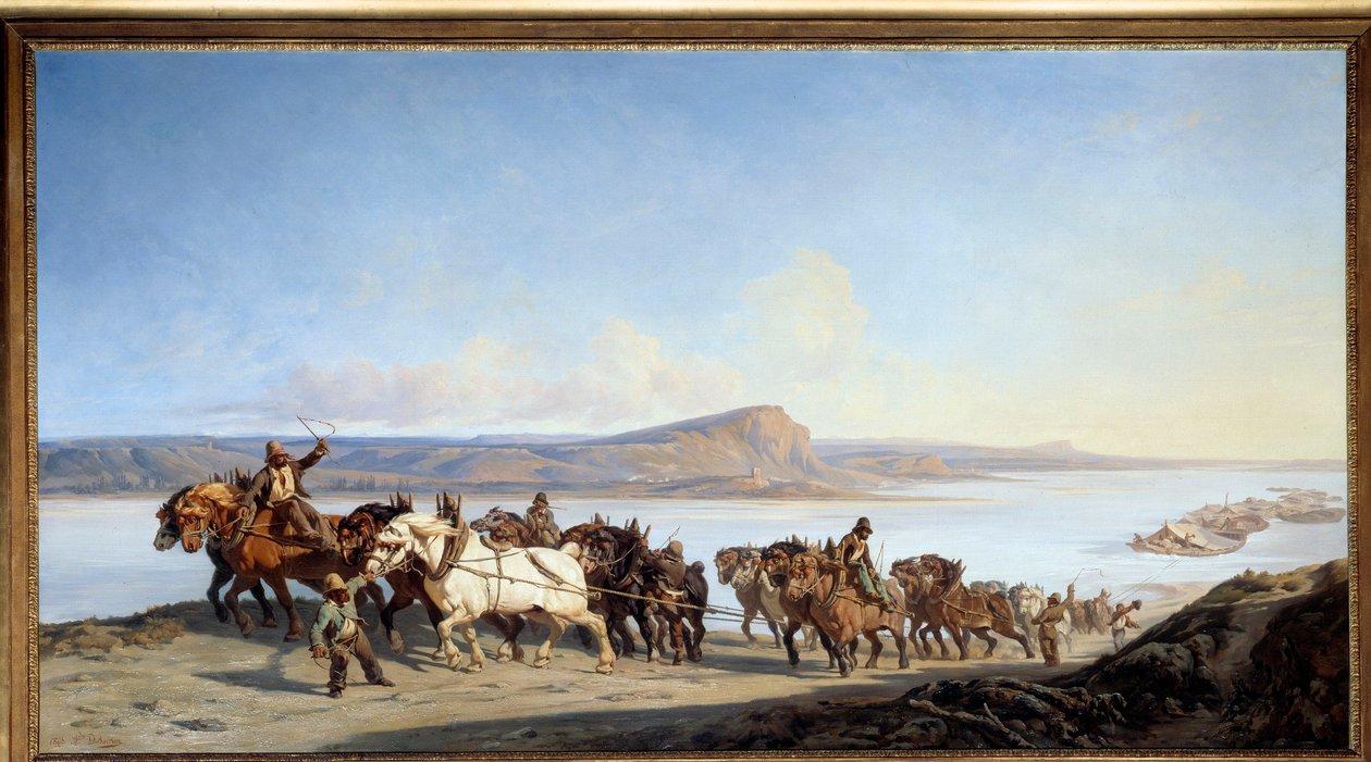 Tauing "" Hitch of horses serve boat lifts on the Rhone"" Maleri av Alexandre Dubuisson (1805-1870) 1843 Lyon, Musee des Beaux Arts av Alexandre Dubuisson