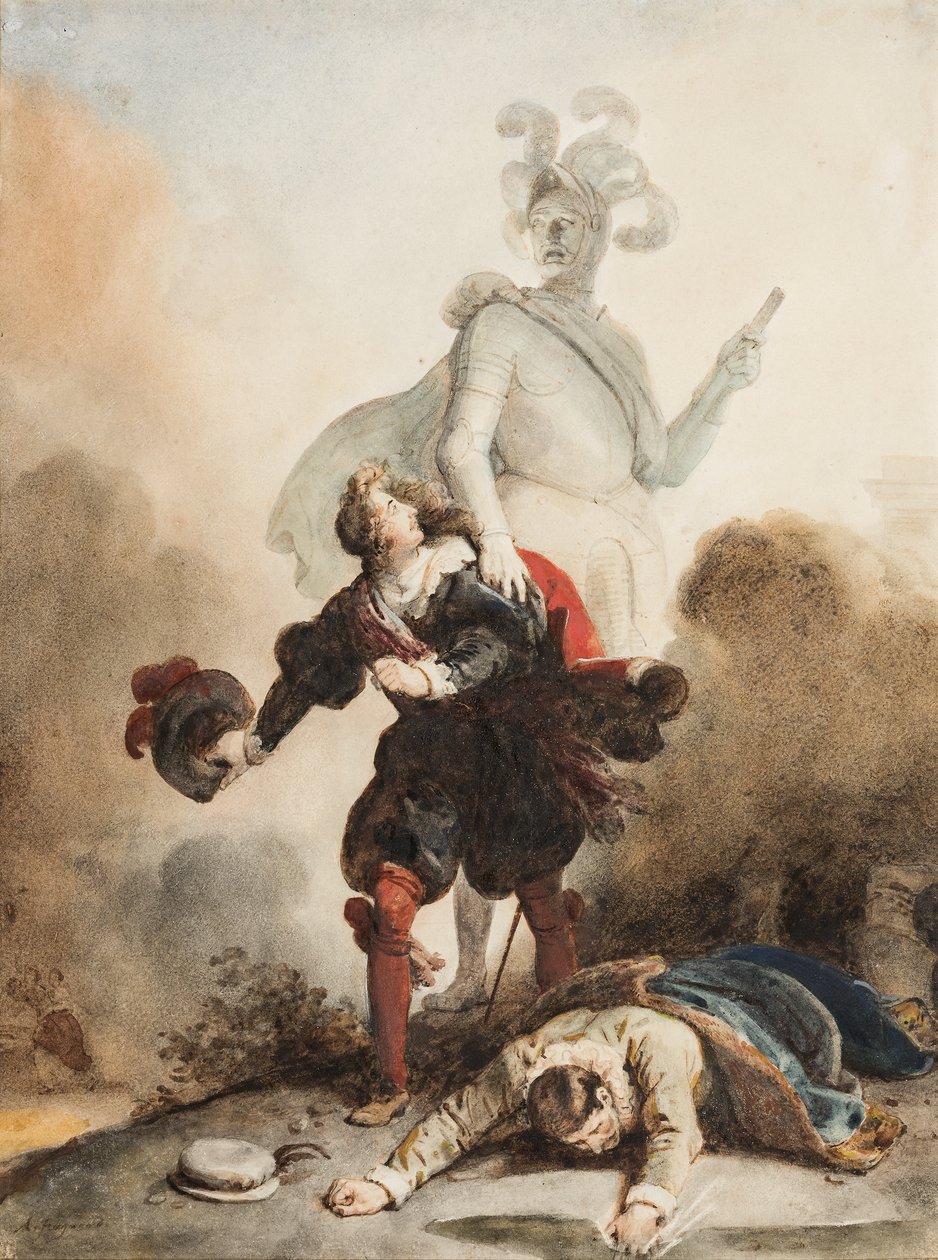 Don Juan et Leporello rencontrent la statue du Commandeur au cimetière (grafitt, penn og brunt blekk med akvarell på papir, forsterket med gummi arabicum) av Alexandre Evariste Fragonard
