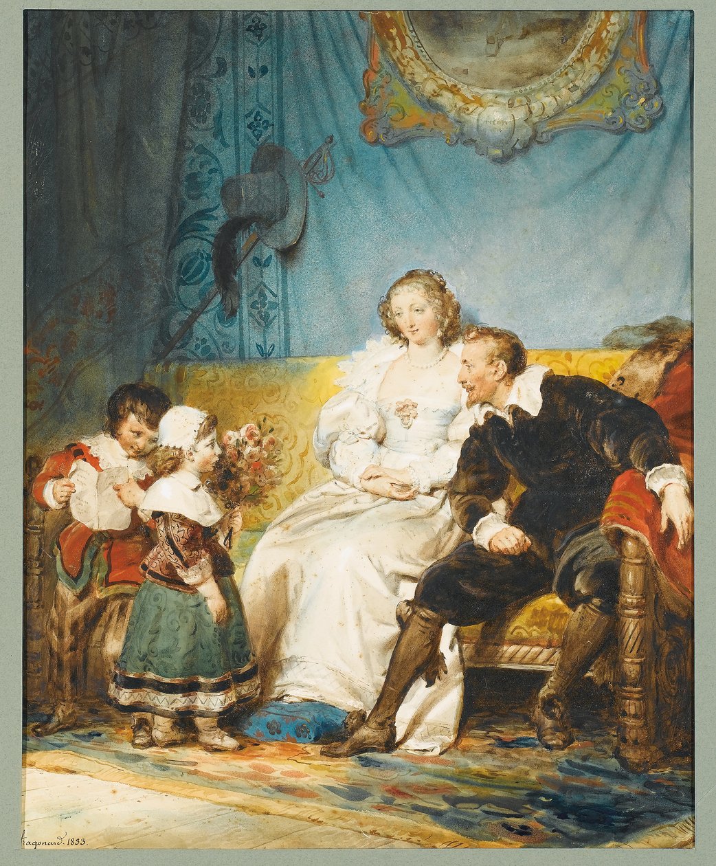 Rubens og Hélène Fourment sitter med Frans som holder et brev og Isabelle Hélène gir dem en bukett roser av Alexandre Evariste Fragonard