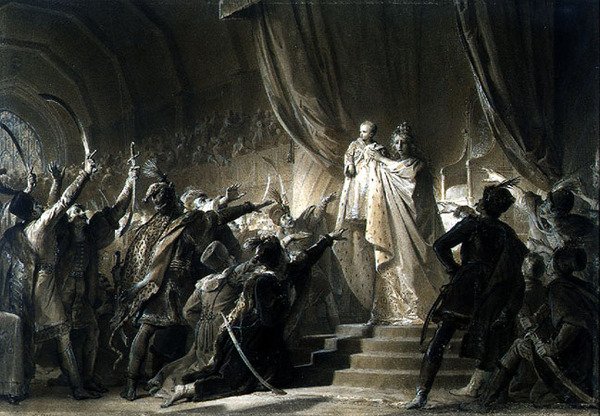 Keiserinne Maria-Theresa (1717-80) presenterer fremtidens Joseph II til Magnatene i Ungarn (grafitt, sepia-vasker med blekk og gouache på papir) av Alexandre Evariste Fragonard