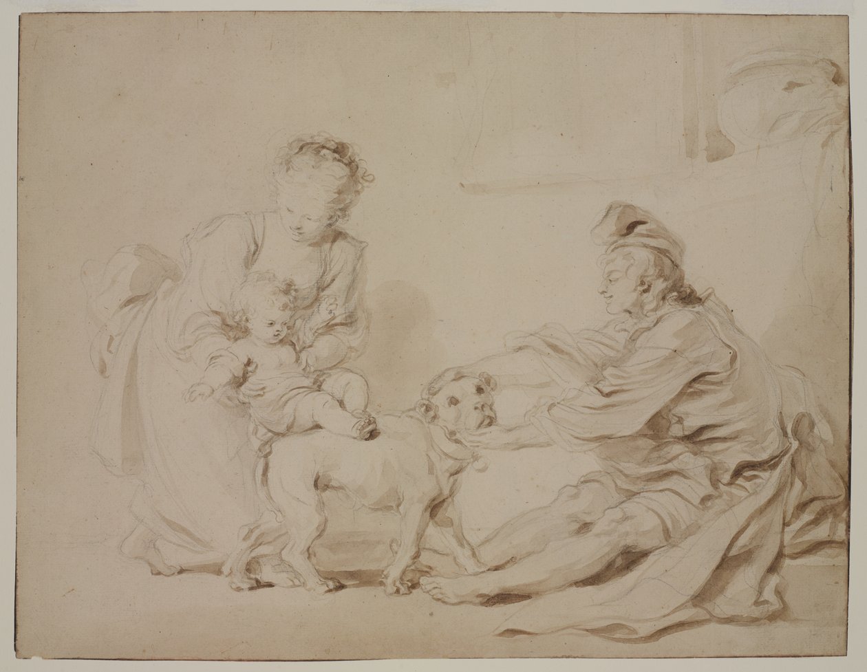 Den første rideleksjonen (La première leçon déquitation), ca. 1778 (grafitt og brun vask på antikk lagt papir) av Alexandre Evariste Fragonard