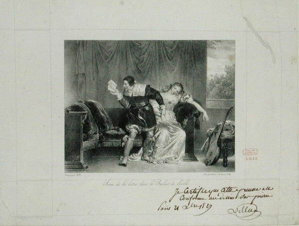 Brevscenen fra operaen Barberen i Sevilla av Rossini gravert av Villain de Sevres av Alexandre Evariste Fragonard