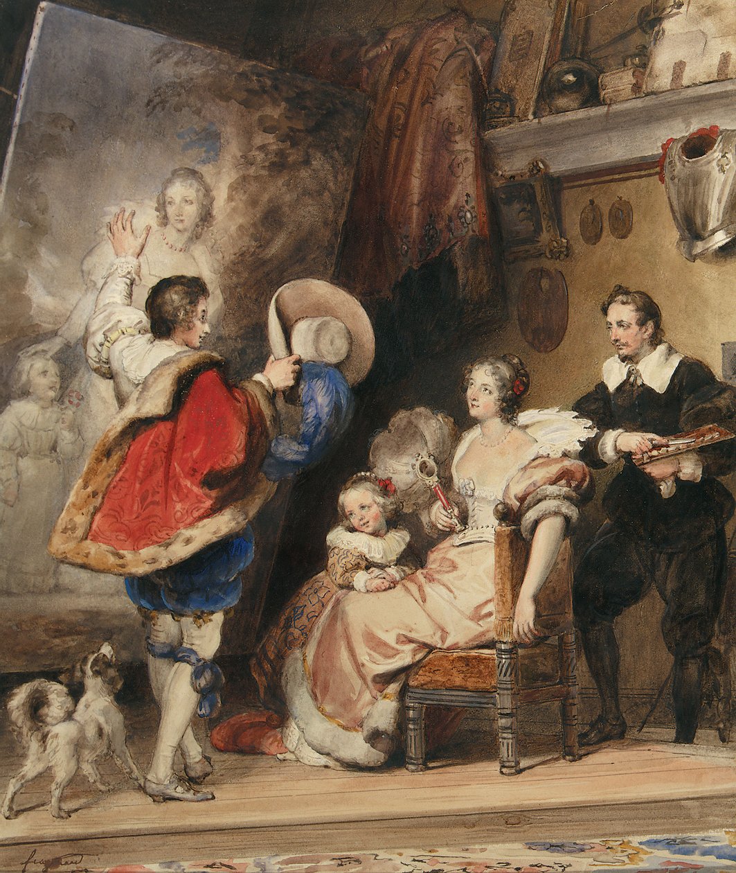 Ung mann som beundrer et portrett av en dame og hennes lille datter av Alexandre Evariste Fragonard