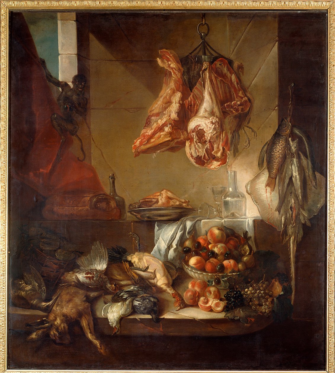 Et kjøkkeninteriørstilleben av vilt, frukt og kjøtt. Maleri av Francois Desportes (1661-1743) Chalons sur Marne fra 1700-tallet, Musee des Beaux Arts av Alexandre Francois Desportes