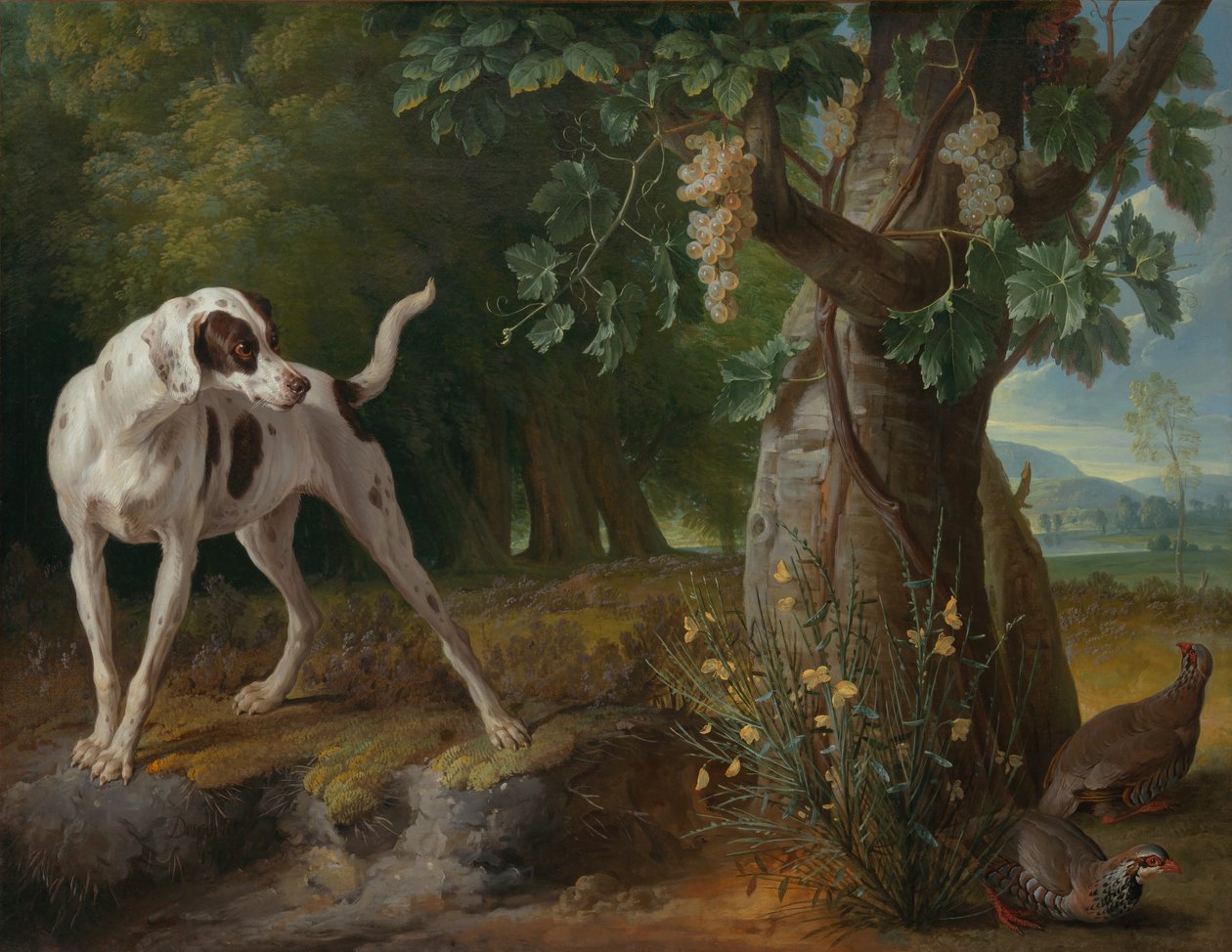 Hund som peker rapphøns i et landskap av Alexandre Francois Desportes