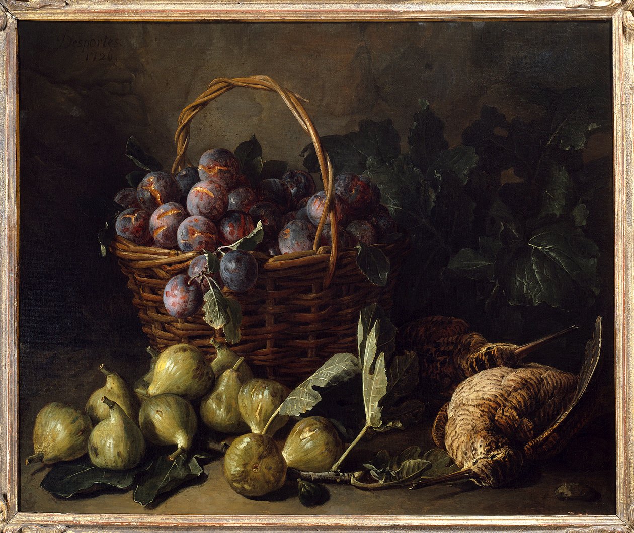 Stilleben, fiken og plommer, maleri av Francois Desportes (1661-1743) Paris fra 1700-tallet, dekorativ kunst av Alexandre Francois Desportes
