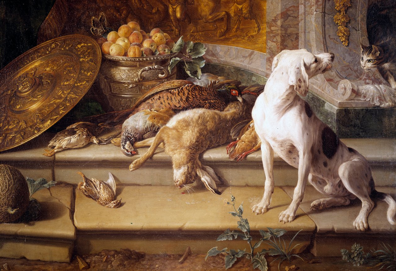 Stilleben Jakthund, vilt (hare, fasan, rapphøne) Detalj. Maleri av Francois Desportes (1661-1743) Gien fra 1700-tallet, jaktmuseum av Alexandre Francois Desportes