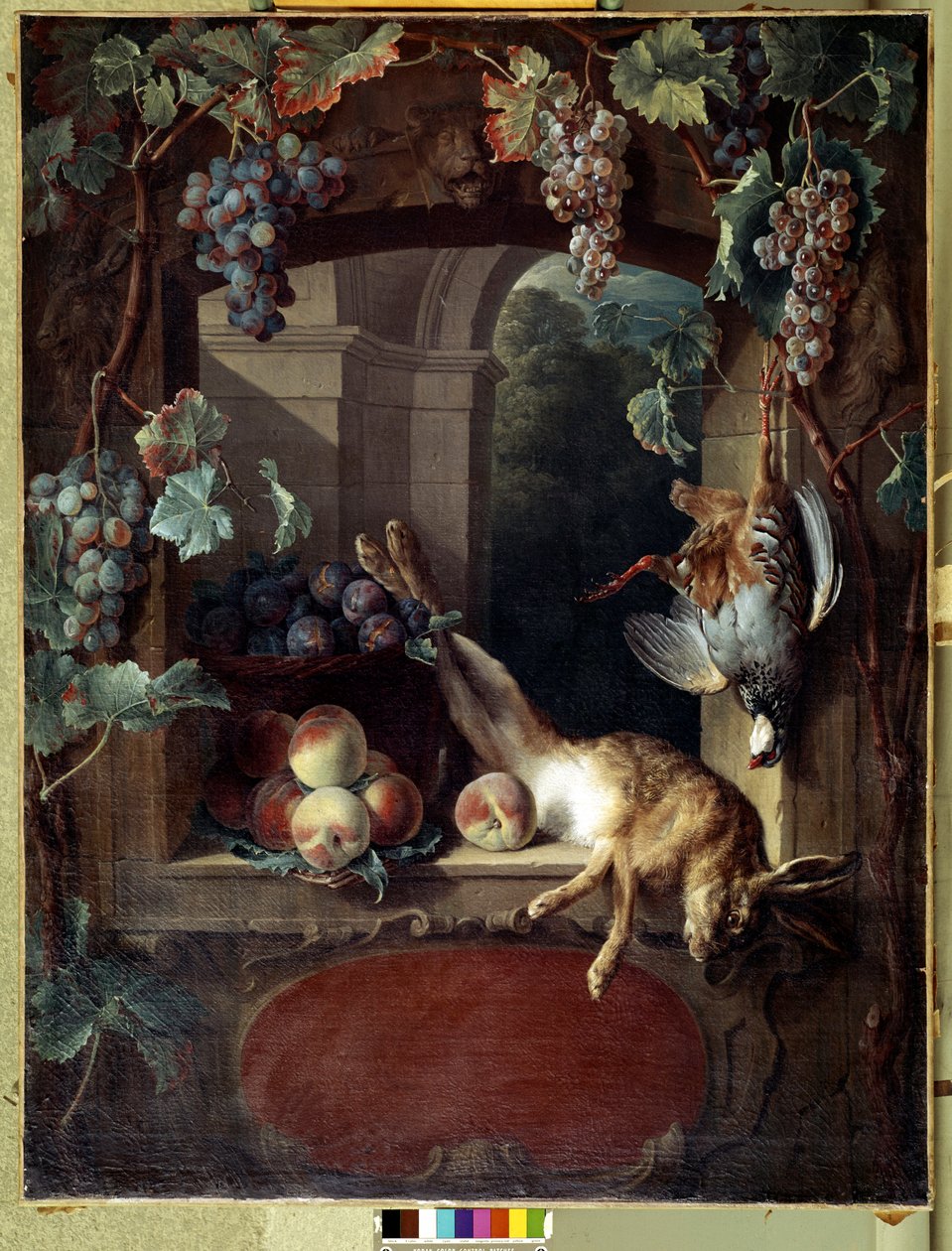 Stilleben ved espalieret Druer, pecher og vilt (hare, død fugl) Maleri av Francois Desportes (1661-1743) 1700-tallets søn. 1,17x0,88 m Lyon, Musee des Beaux Arts av Alexandre Francois Desportes