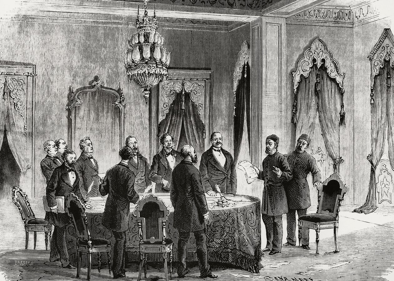 Konstantinopelkonferanse, desember 1876, gravering, Tyrkia av Nicolas Toussaint Charlet