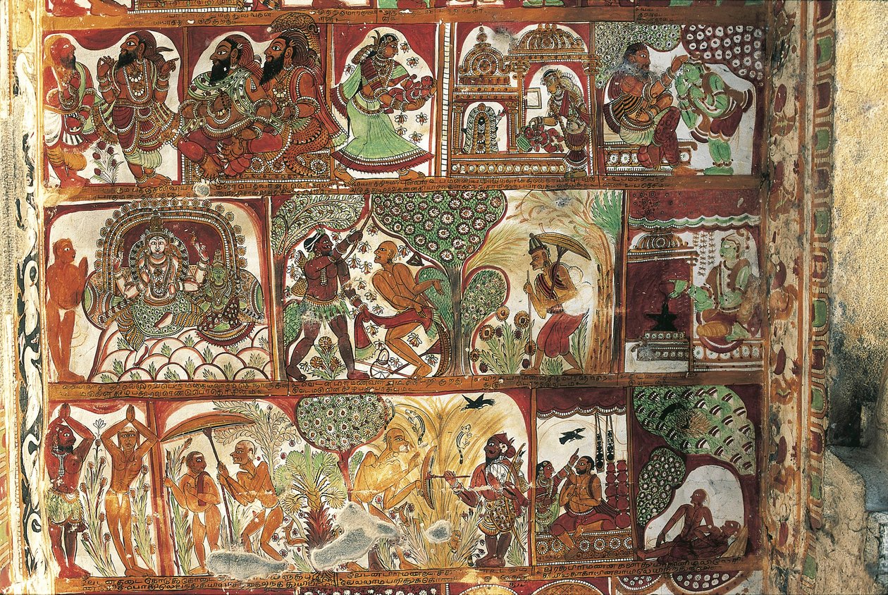 Fresker som skildrer livet til Shiva i helligdommen for Parvati, Nataraya-tempelet, Chidambaram, Tamil Nadu, India, 500-tallet av Nicolas Toussaint Charlet